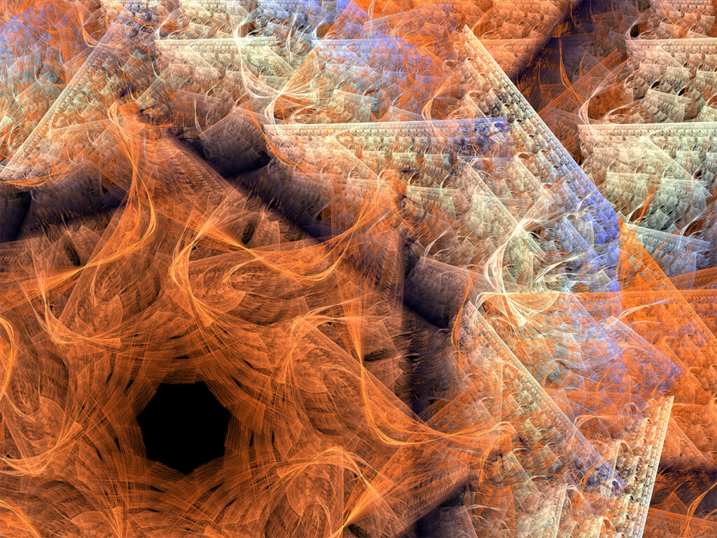 Art piece with detailed fractal patterns in orange, pale yellow, and blue, radiating from a black circle at the left.