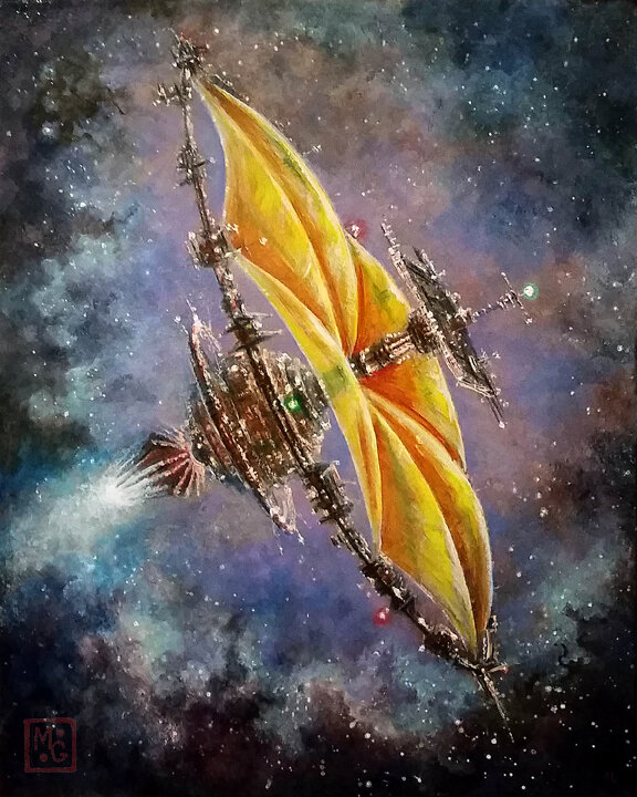 Painting of a spaceship resembling a flower with yellow-orange sails, hovering against the backdrop of a purple nebula.