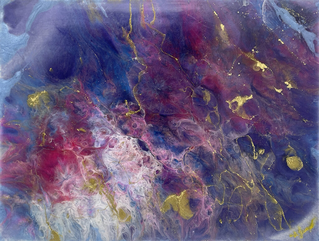 Abstract painting in blue and magenta with gold and white splatters.