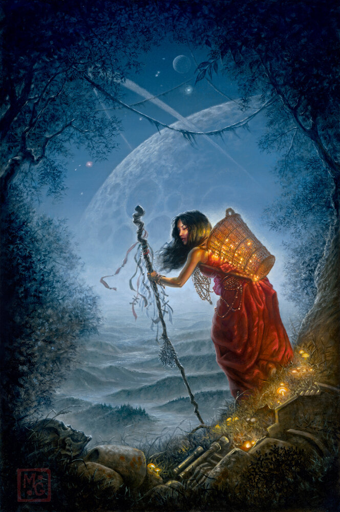 Painting of a woman with a staff, carrying a basket of glowing objects she has gathered from the ground. In the background is a night sky with a huge ringed planet.
