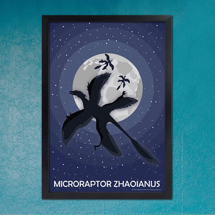 Stylized poster illustration of a four-winged creature against the moon, with the text MICRORAPTOR ZHAOIANUS