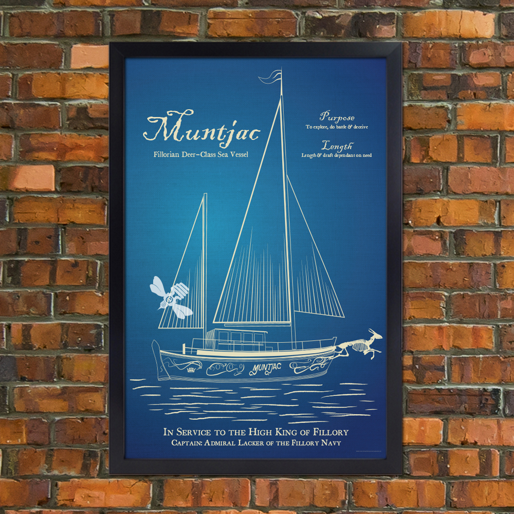 Blueprint-style poster of a sailboat with the name "Muntjac"