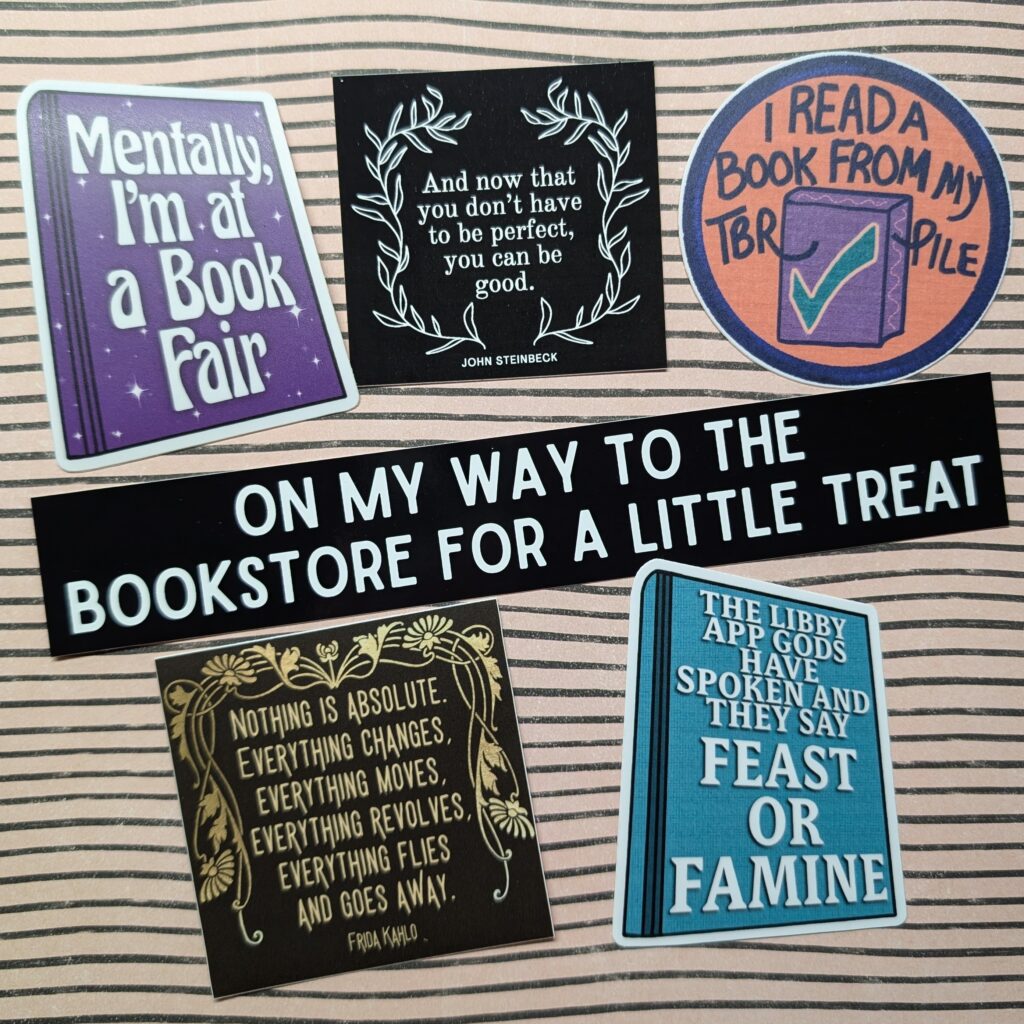Six book-themed stickers.