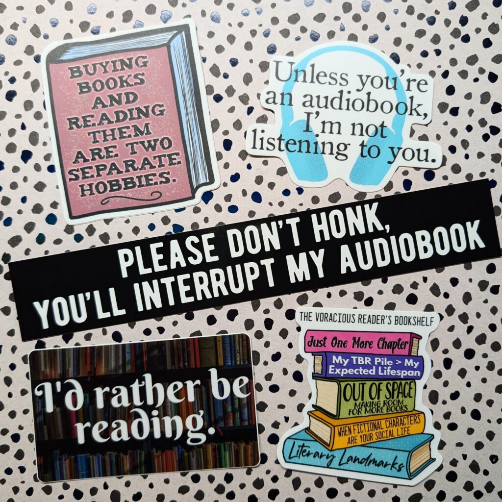 Five book-themed stickers.
