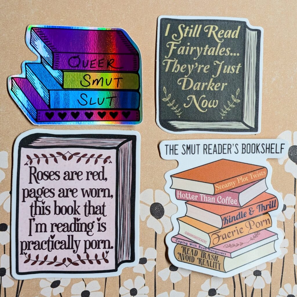 Four stickers with smut-reading themes.