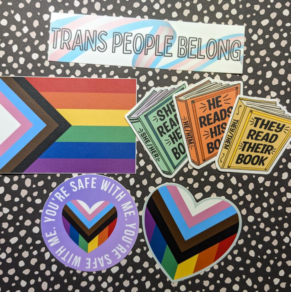 Five stickers with trans-friendly and queer pride designs.