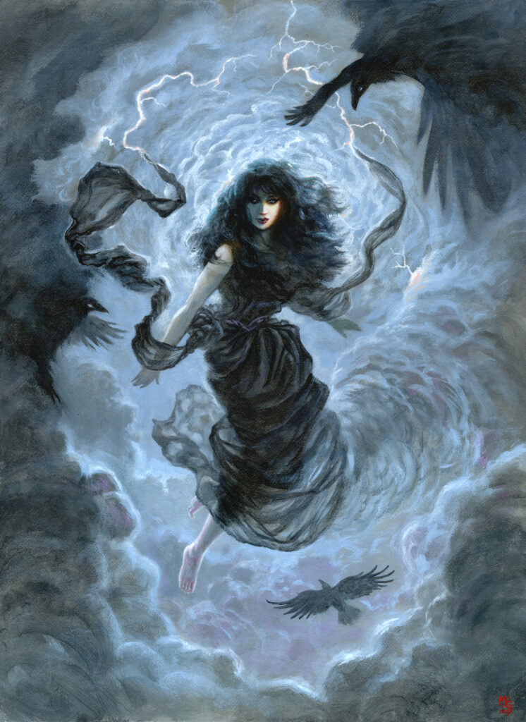 Painting of a black-haired woman in a flowing black dress, hovering amid storm clouds, lightning, and ravens.