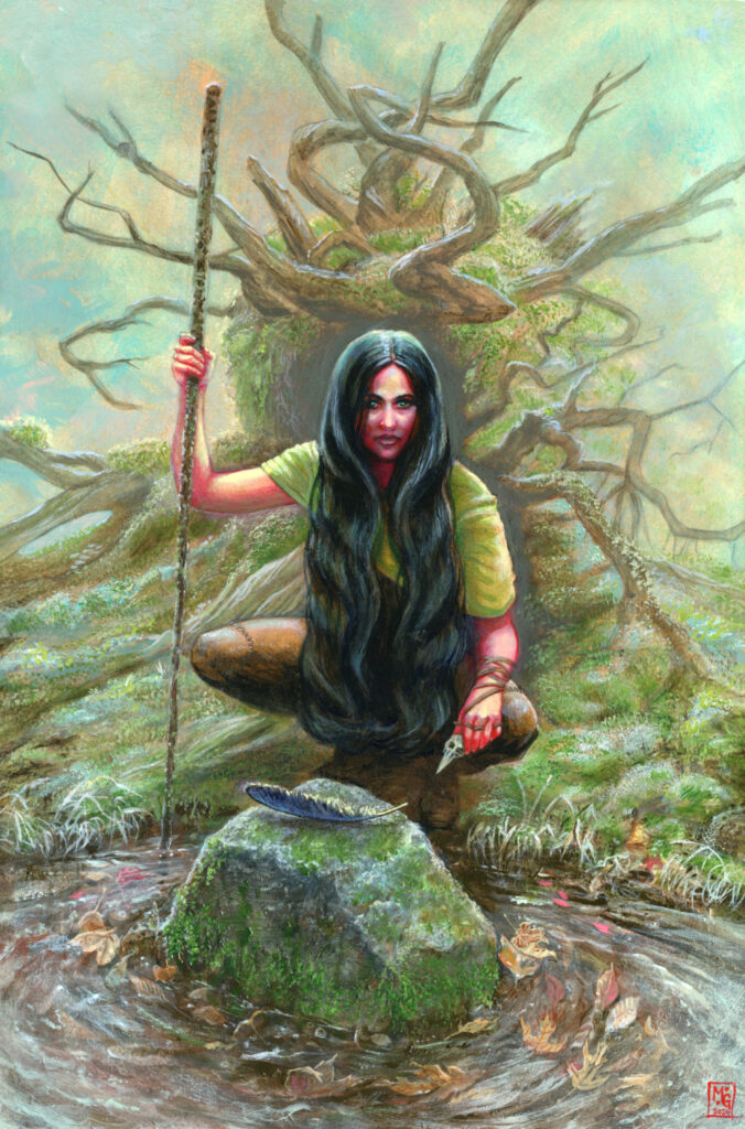 Painting of a woman with long black hair squatting in front of a tree by a pool of water, holding a staff and a bird's skull. In front of her is a rock with a feather atop it.