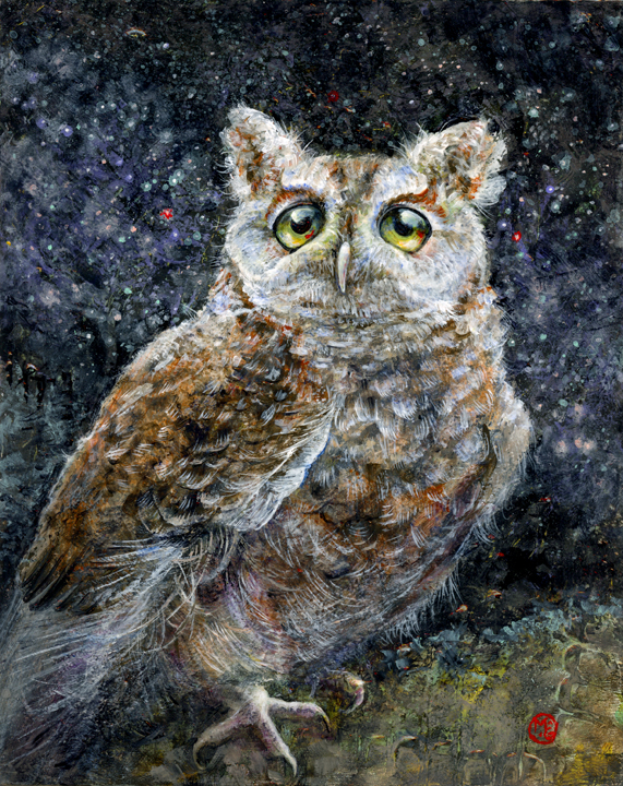 Painting of an owl perched on a branch, looking out at the viewer. Behind the owl is a galaxy of stars.
