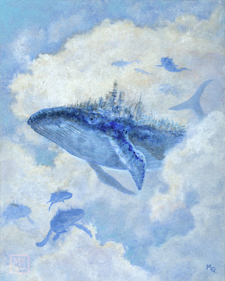 Painting of a pod of blue whales swimming through clouds, seen from below. The central whale has a city on its back.