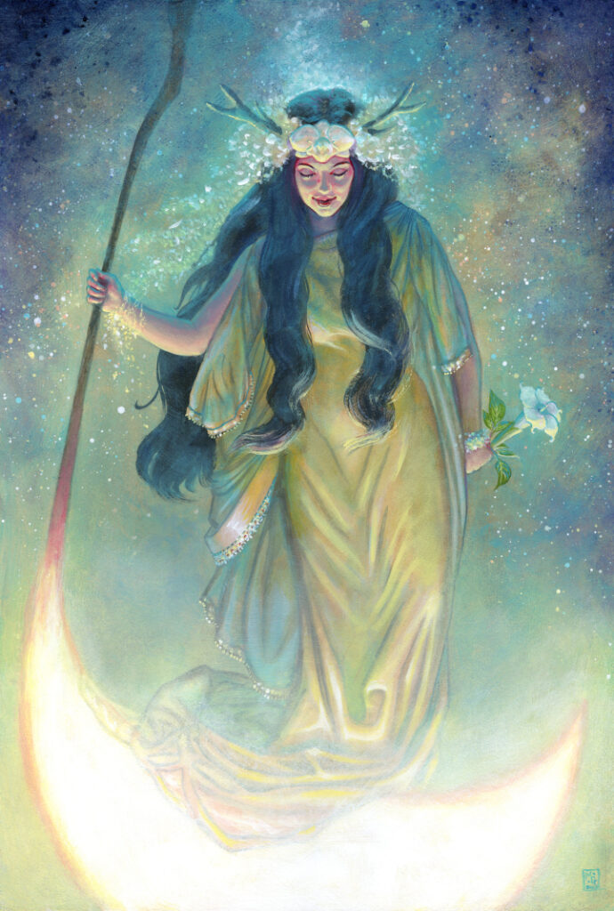Painting of a female figure with long black hair in a flowing yellow robe, standing on a glowing crescent moon and steering it with a tiller.