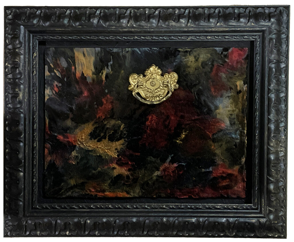 Abstract painting in dark green, red, and gold, with a gold metal drawer pull mounted in the center, in a heavy black frame.