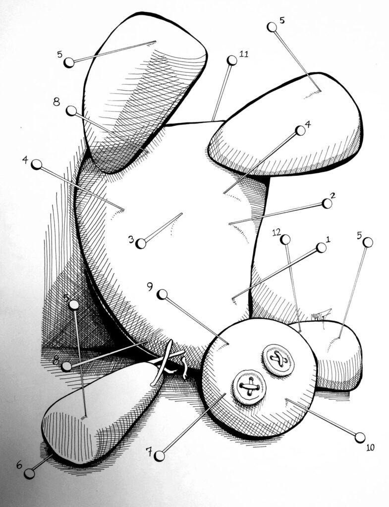 Pen and ink drawing of a button-eyed doll lying upside down against a wall, stuck with many pins.